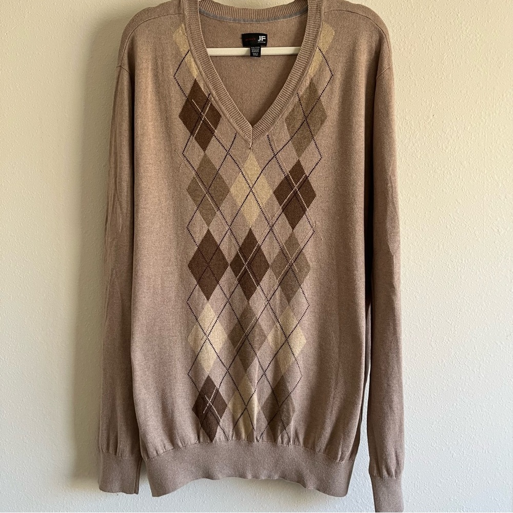 JF J.Ferrar Men's V-Neck Argyle Sweater - Brown and Tan cotton & modal blend XXL